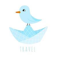 Cartoon dove bird on a paper boat. Cute illustration, travelling concept. vector