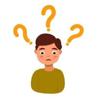 Confused man face. Simple flat vector illustration of question dilemma problem concept, isolated on white cartoon character, business asking analysis mark.