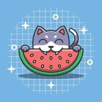 lindo personaje de gato comiendo ilustración de vector de sandía. dibujos animados únicos de frutas animales.