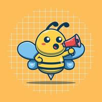 Cute bee character making announcement cartoon icon illustration vector