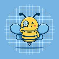 Cute bee looking with a magnifying glass cartoon icon illustration vector