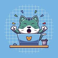 lindo gato frente a la computadora con ilustración de icono de dibujos animados de expresión feliz vector