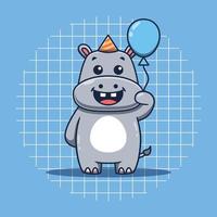 Cute hippopotamus character holding birthday balloons cartoon illustration vector