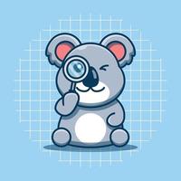 Cute koala looking with a magnifying glass vector illustration. Flat cartoon style.