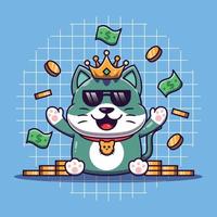 lindo gato rico con muchas monedas y dinero a su alrededor ilustración vectorial de dibujos animados vector