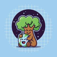 Cute tree character hugging the earth cartoon illustration vector