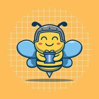 lindo personaje de abeja enviando una ilustración de vector de regalo. estilo de dibujos animados plana