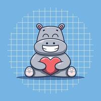 Cute hippopotamus character hugging heart cartoon icon illustration vector