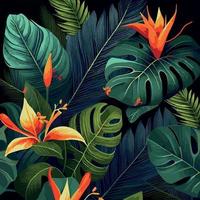 Green tropical forest background monstera leaves, palm leaves, branches. Exotic plants background for banner, template, decor, postcard. Abstract foliage and botanical wallpaper - Vector