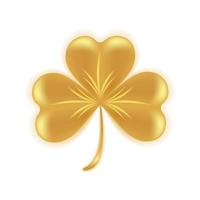 Golden shamrock clover 3d isolated on white background. Clover leaf, symbol of St. Patricks Day. Vector illustration.