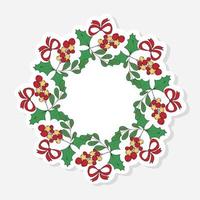 Christmas wreath with red bow, holly berries and leaves, sticker doodle for celebration decoration design. Christmas sticker in cartoon style. New year doodle vector illustration. Isolated object.