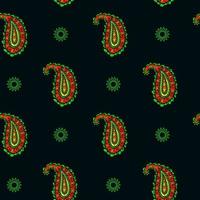 Colorful seamless paisley pattern on black backdrop. Gren, red, black color. Doodle style. Textile print. Indian paisley floral seamless pattern. Colorful asian style floral pattern. Vector. vector