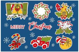 A set of Christmas stickers. A collection of colorful hand-drawn doodle-style illustrations. Christmas card on colorful background. Doodle icon. vector