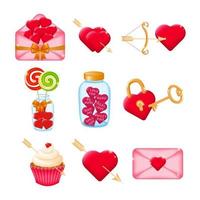 Set of 3D icons for Valentines Day on a white background. Heart love symbols, love message, red heart lock with key, cupids bow and arrow, jar of hearts. Vector illustration.
