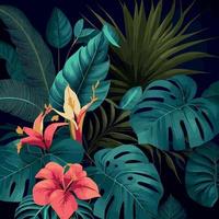 Green tropical forest background monstera leaves, palm leaves, branches. Exotic plants background for banner, template, decor, postcard. Abstract foliage and botanical wallpaper - Vector