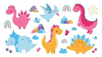 Set of cute dinosaurs, cute vector dinosaur illustrations, set of cartoon dinosaurs on white background, set of cartoon cacti, cute mountains