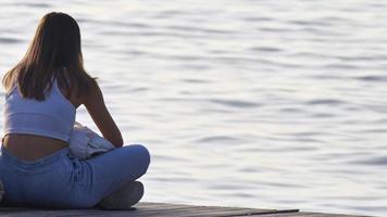 mujer de cabello castaño sentada en la playa y mirando el mar video