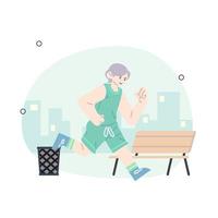 Young people jogging in city park in summer. Group of runners running along path, training outdoors. Active and healthy lifestyle of joggers. Colored flat vector illustration