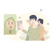 ramadan illustration. apologize to mother for not being able to go home on Eid al-Fitr. teleconference with mother during Eid al-Fitr. vector