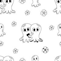 Seamless pattern with octopuses in love with hearts on white background with flowers. Vector illustration in doodle style. Endless background for valentines, wallpapers, packaging, print.