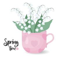 Bouquet spring flowers of lilies of the valley in cup. Spring time poster. Vector illustration for design, postcards, decor and decoration, print.