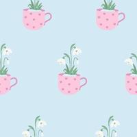 Seamless pattern. Blooming spring snowdrop flowers in cup on light blue background. Vector illustration. Botanical pattern for decor, design, packaging, wallpaper, textile.