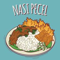 nasi pecel ilustración comida indonesia con estilo de dibujos animados vector