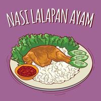 nasi lalapan ayam ilustración comida indonesia con estilo de dibujos animados vector