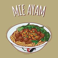mie ayam ilustración comida indonesia con estilo de dibujos animados vector