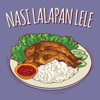 Nasi lalapan lele illustration Indonesian food with cartoon style vector