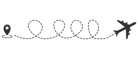 Airplane line path of air plane flight route with start point and dash line trace. Vector illustration