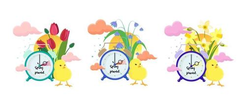 Daylight saving time concepts set. Clocks move forward. Flowers, sun, chick near the clock. Spring clock change. vector