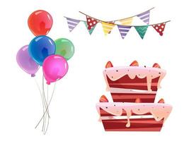 fiesta de cumpleaños con globos, pastel de terciopelo rojo y banderines. vector