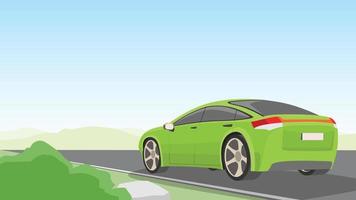 Vector cartoon landscape of asphalt road on wide open field. Green passenger car drives forward. Background of mountains under blue sky with free space. and separate layers.