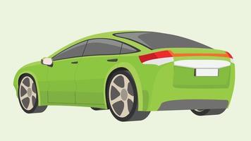 Vector or illustrator cartoon. Perspective of rear side sedan car green color. on isolated green background.