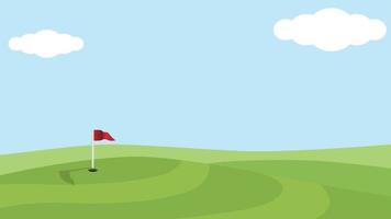Cancha de golf verde brillante alta y baja. huecos y banderas en el cerro. bajo el cielo azul y las nubes blancas. vector
