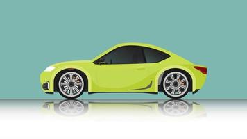 Concept vector illustration of detailed side of a flat green sports car. with shadow of car on reflected from the ground below. And isolated soft green background.