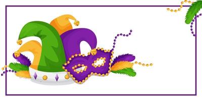 mardi gras. Banner template for advertising, web design, sites, applications, with beads, carnival mask and feathers, for packaging, printing. Vector illustration