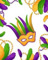 Mardi gras template for postcard, banner, invitation. Carnival mask with feathers and beads. Vector illustration