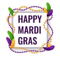 Mardi Gras. plantilla de banner para publicidad, diseño web, sitios, aplicaciones, con cuentas, plumas, para embalaje, impresión, con ilustración de vector de texto de felicitaciones