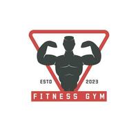 gimnasio de fitness en forma ilustración de diseño de logotipo de silueta de hombre negro. vector de etiqueta de tipo de logotipo de sello de hombre musculoso de deporte de símbolo de fitness creativo. fondo aislado.