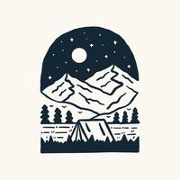 acampar bajo la estrella y la montaña salvaje dibujo a mano alzada ilustración vectorial vector