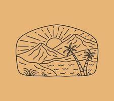 view on the beach with the coconut trees and the mountain in frame mono line art vector