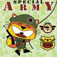 Little fox in military uniform with bear head and military logo, vector cartoon illustration