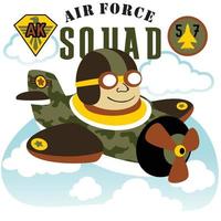 Young soldier on fighter jet with military badge, vector cartoon illustration