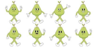 A Set of pear cartoon groovy stickers with funny comic characters, gloved hands. Modern illustration with legs and arms. vector