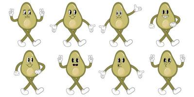 A Set of avocado cartoon groovy stickers with funny comic characters, gloved hands. Modern illustration with legs and arms. vector