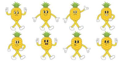 A Set of pineapple cartoon groovy stickers with funny comic characters, gloved hands. Modern illustration with legs and arms. vector