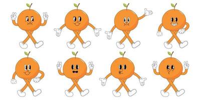 Set of orange groovy cartoon stickers with funny comic characters, gloved hands. vector