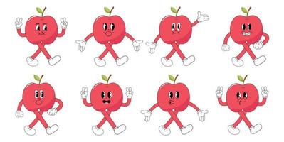 Set apple cartoon stickers with funny comic characters, gloved hands. Modern illustration with cute vector